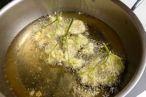 Holunderblüten mit Backteig im Öl backen